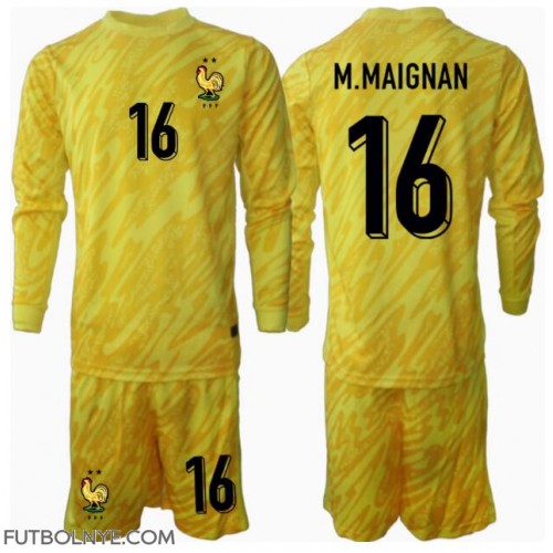 Camiseta Francia Mike Maignan #16 Portero Primera Equipación para niños Eurocopa 2024 manga larga (+ pantalones cortos)